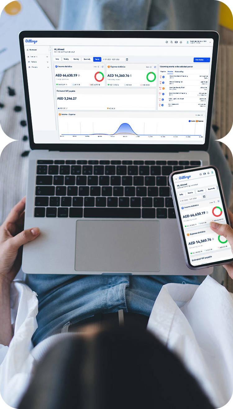 Laptop and phone showing Billingo dashboard